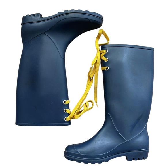 Navy Blue Yellow Lace Rain Boots Size 9 - Picture 1 of 10